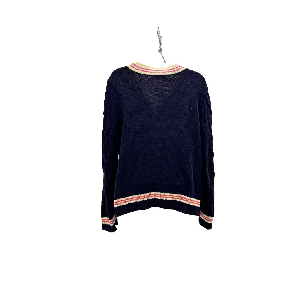 Talbots Cricket V Neck Sweater L Petite Navy Linen Blend Cable Knit Old Money - Picture 4 of 9
